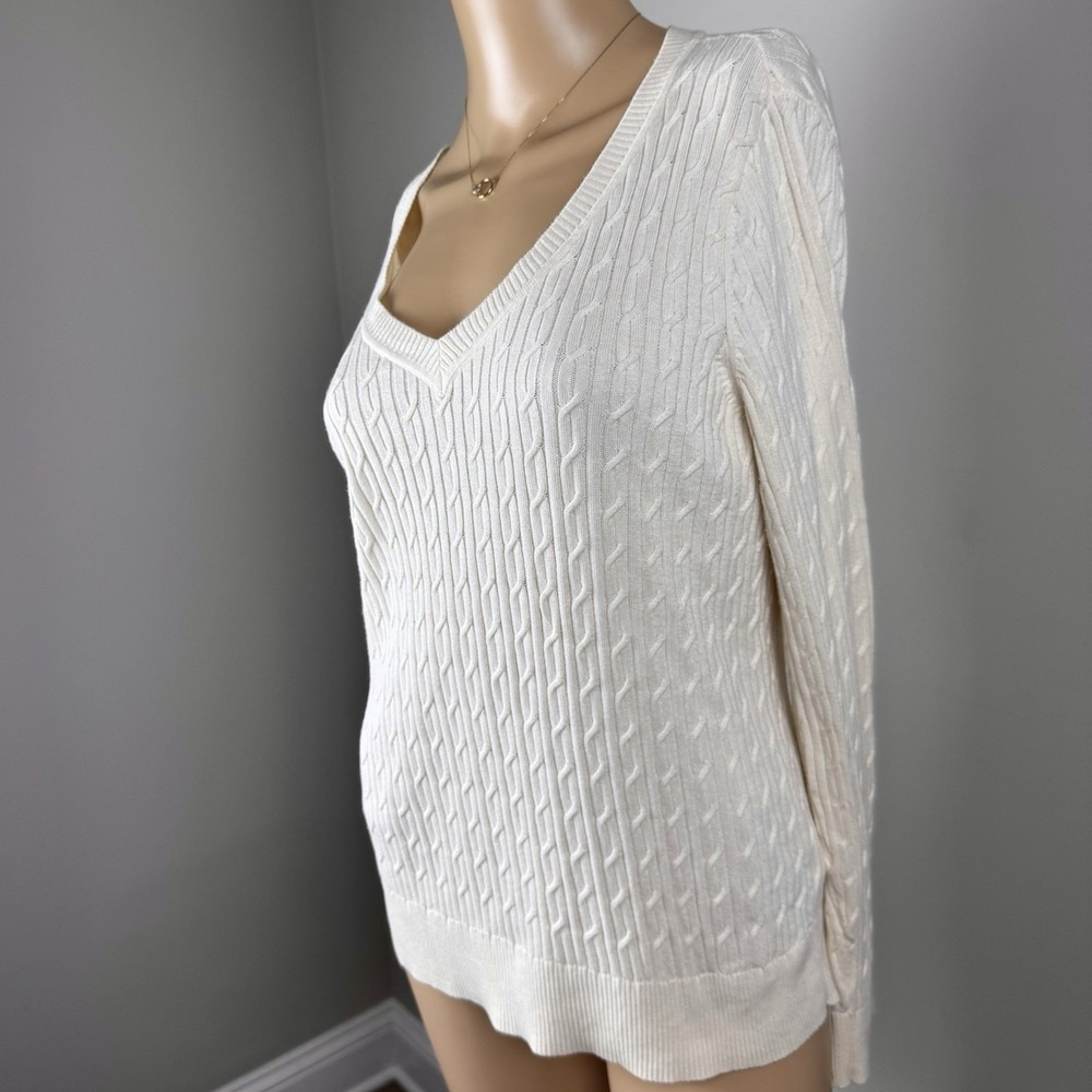 Talbots Petite Size Large 100%‎ Pima Cotton Sweater Ivory V-Neck Lightweight - Picture 4 of 16